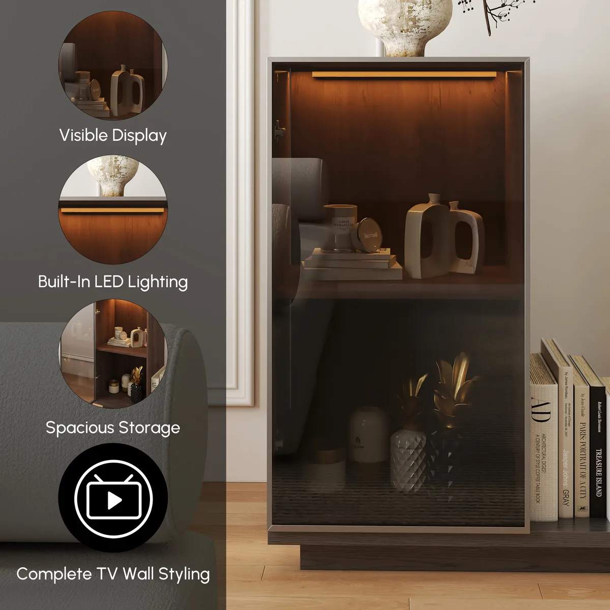 Fero Retracted & Extendable 3 Drawers TV Stand with Bookcase & LED Lighting in Walnut & Gray Up — image 8
