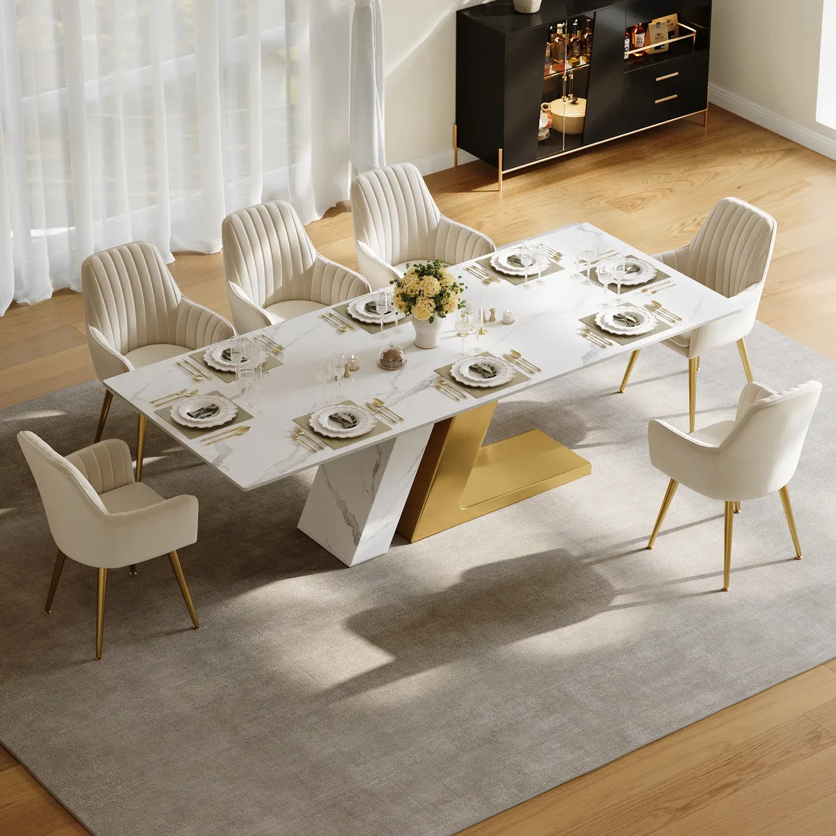 Modern 63" Rectangle Faux Marble Dining Table with 4 Chairs — image 22