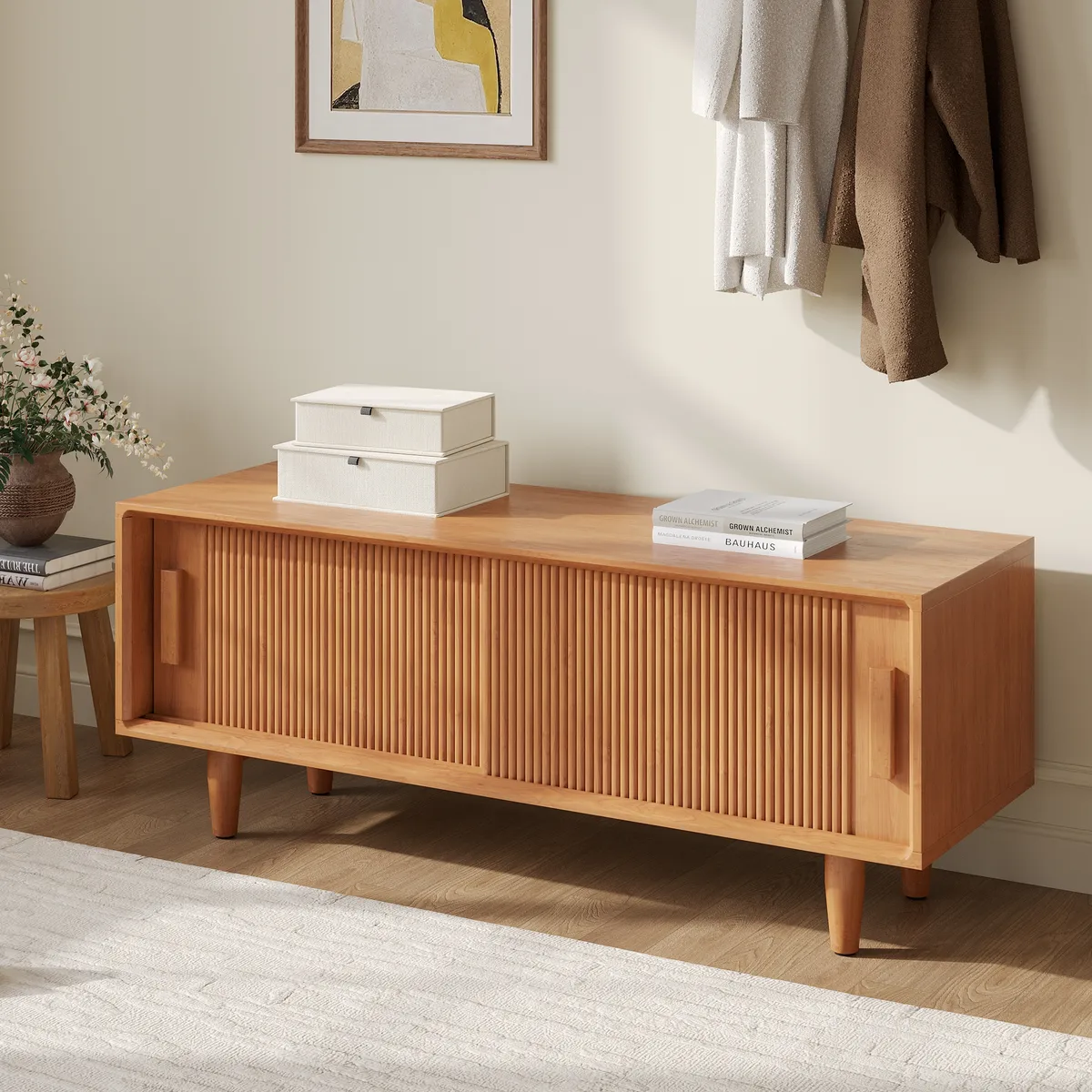47.2" Solid Rubberwood Natural Entryway Bench with Storage — image 12