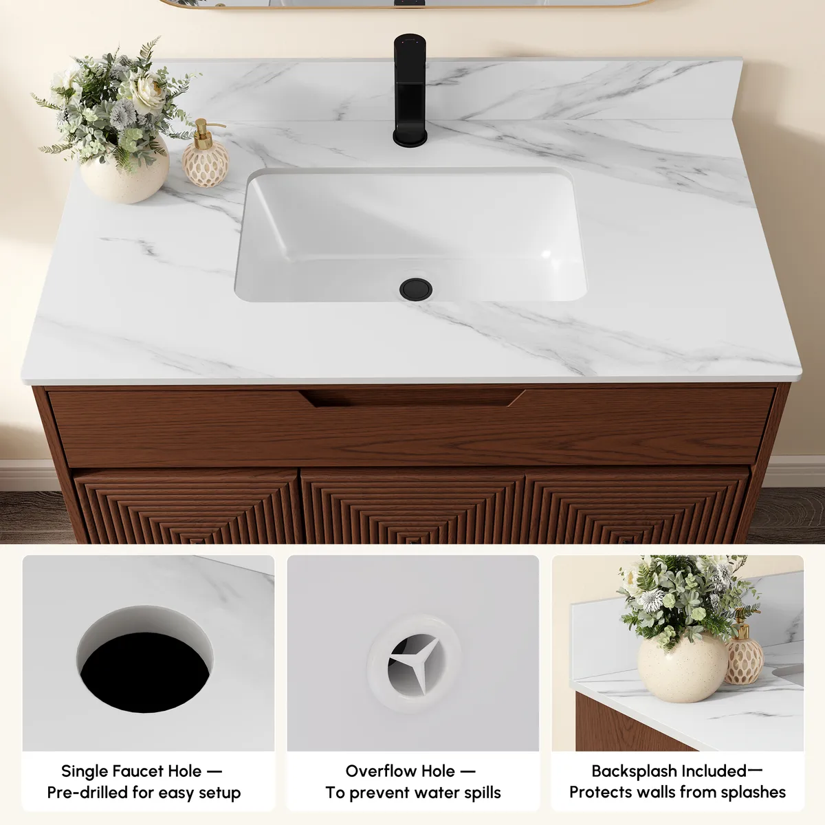 36" Walnut Single Bathroom Vanity with Sink and Sintered Stone Top — image 8