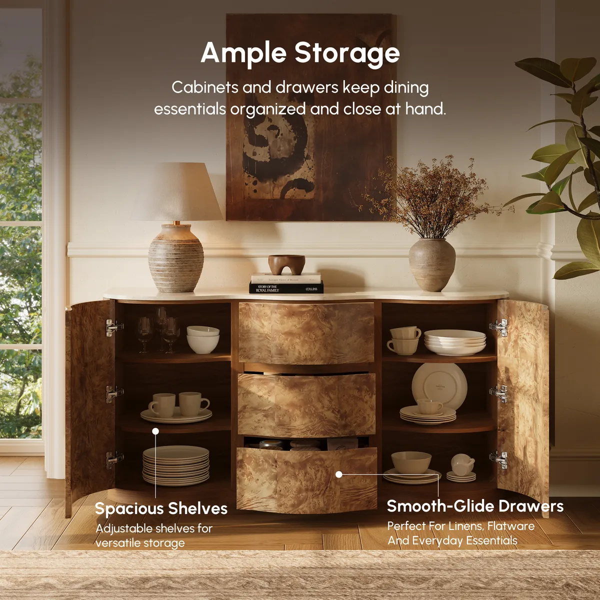 Modern 63" Burl Sideboard with Sintered Stone Top — image 7