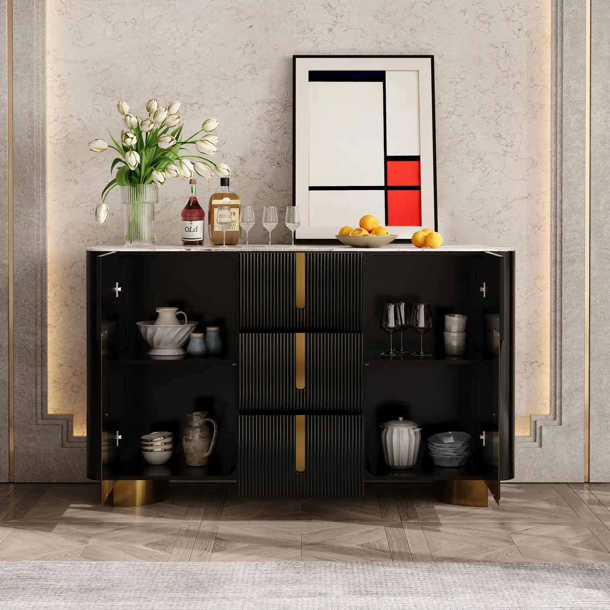 Artis Modern White 59"W Sintered Stone Sideboard 3 Drawers Kitchen Buffet Table — image 5