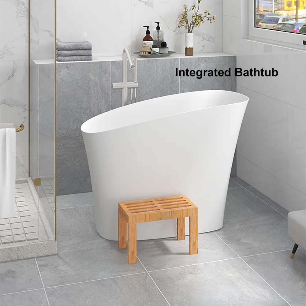 47" Japanese Irregular Freestanding Stone Resin Soaking Bathtub, Marble Look — image 4