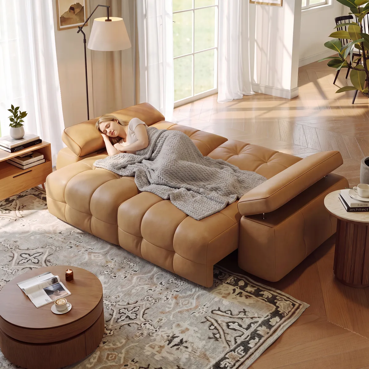 95" 2-Seater Genuine Leather Power Convertible Sleeper Sofa with Adjustable Armrests — image 14