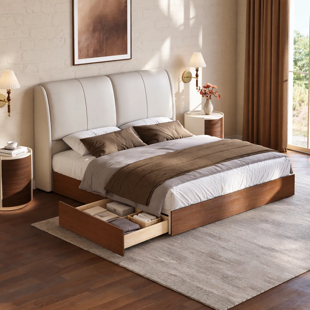 Modern King Genuine Leather Storage Solid Wood Bed with Adjustable Headboard
