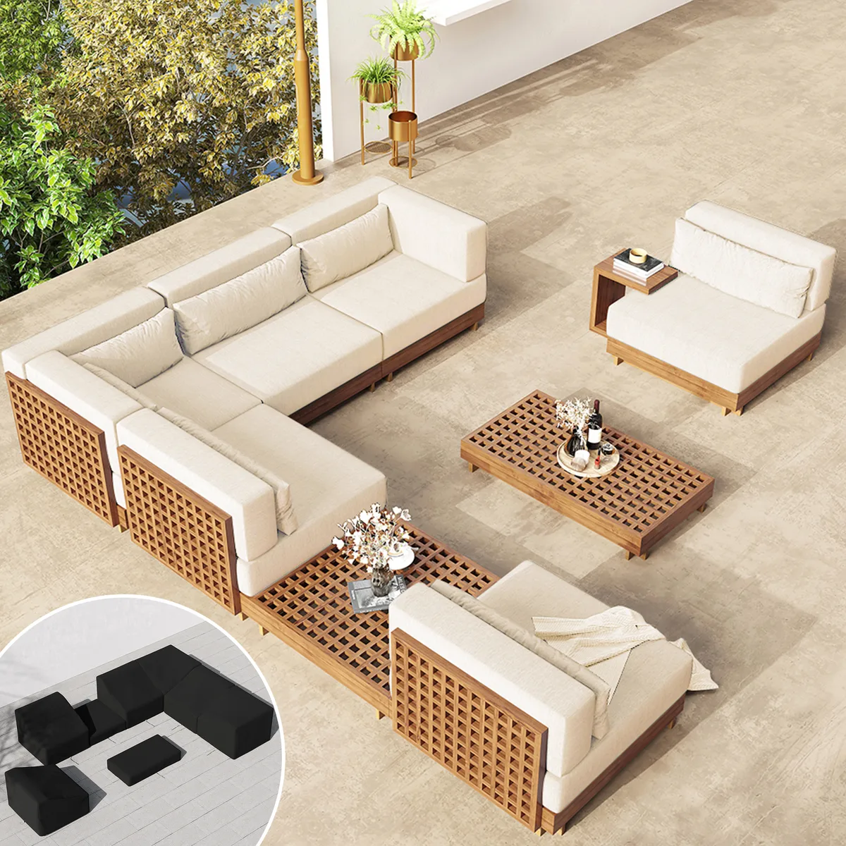 Grida 9-Piece Teak Luxury Modular L-Shaped Outdoor Patio Sectional Sofa Set in Gray with Coffee Table and Cushions — image 6