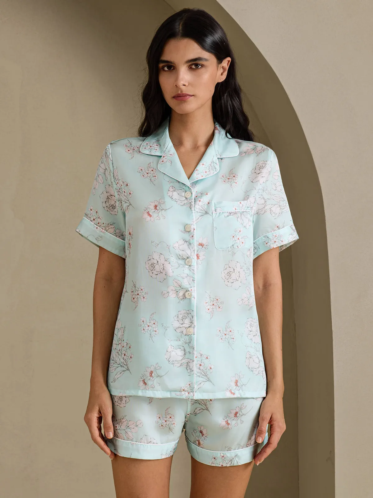 100% Mulberry Silk Women's Hand-Painted Floral Short Sleeve Pajama Set