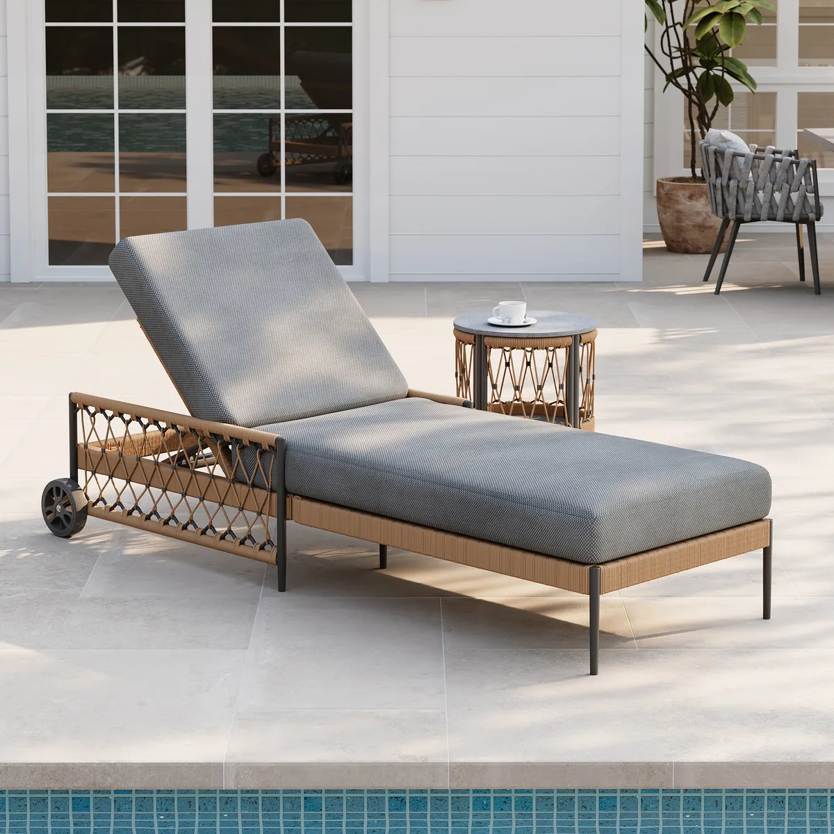 79.5" Ropipe Outdoor Rope-Woven Lounge Chair with Adjustable Backrest & Wheels — image 12