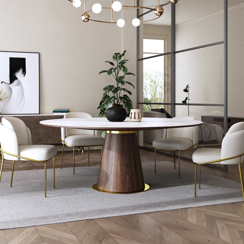 Round Dining Table Faux Marble Top Wooden Base for 6 Mid-Century Modern — image 8