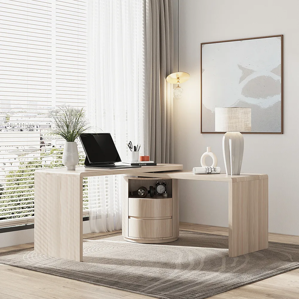Modern 60" L-Shaped Walnut Office Desk with Drawers, Rotating Design
