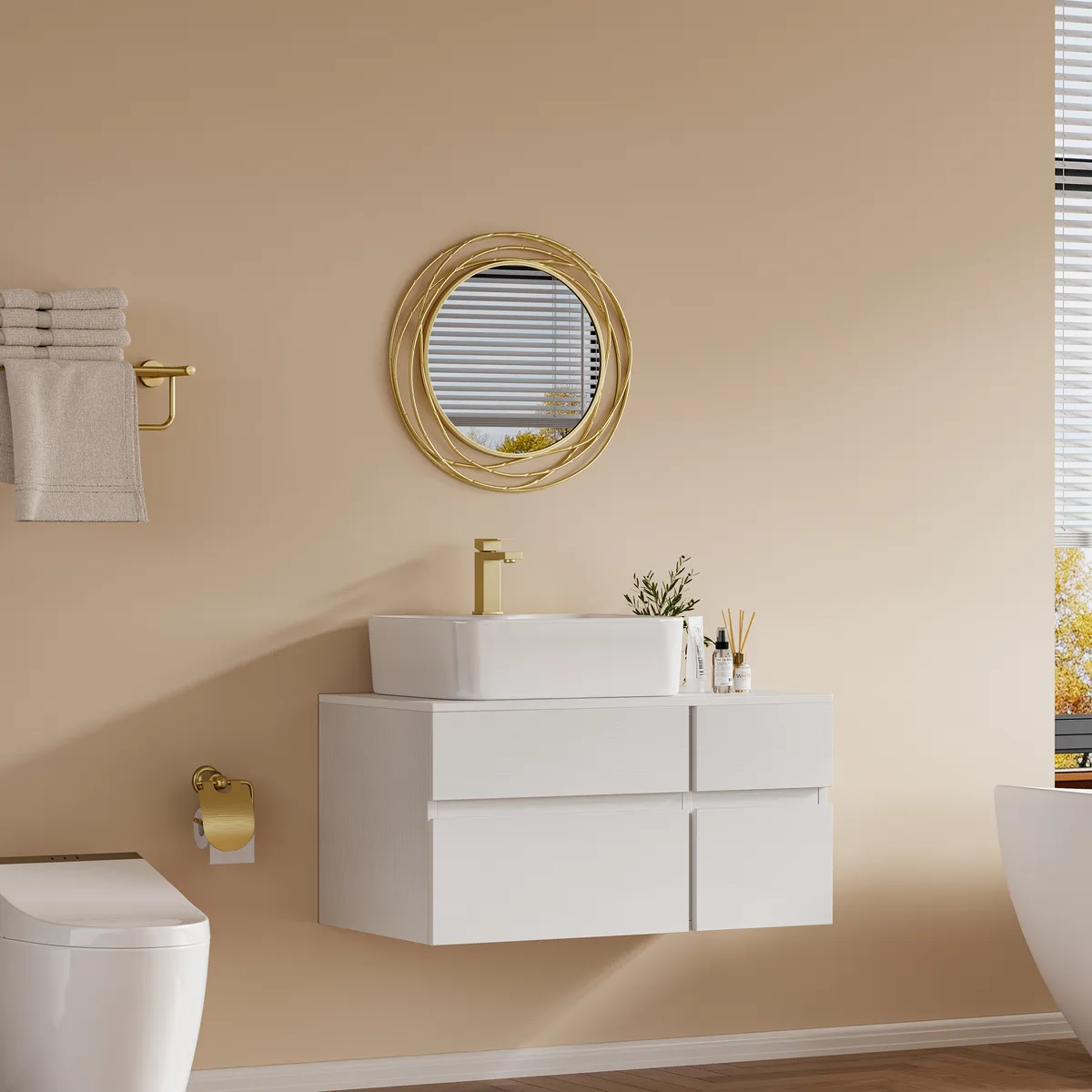 31.5" Walnut Floating Bathroom Vanity Left Offset Ceramic Vessel Sink — image 14
