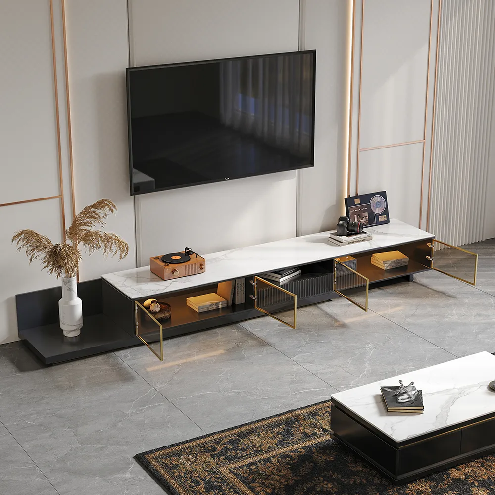 LED Light Extendable TV Stand Light Khaki Floor Media Console with Glass Door & Drawers — image 6