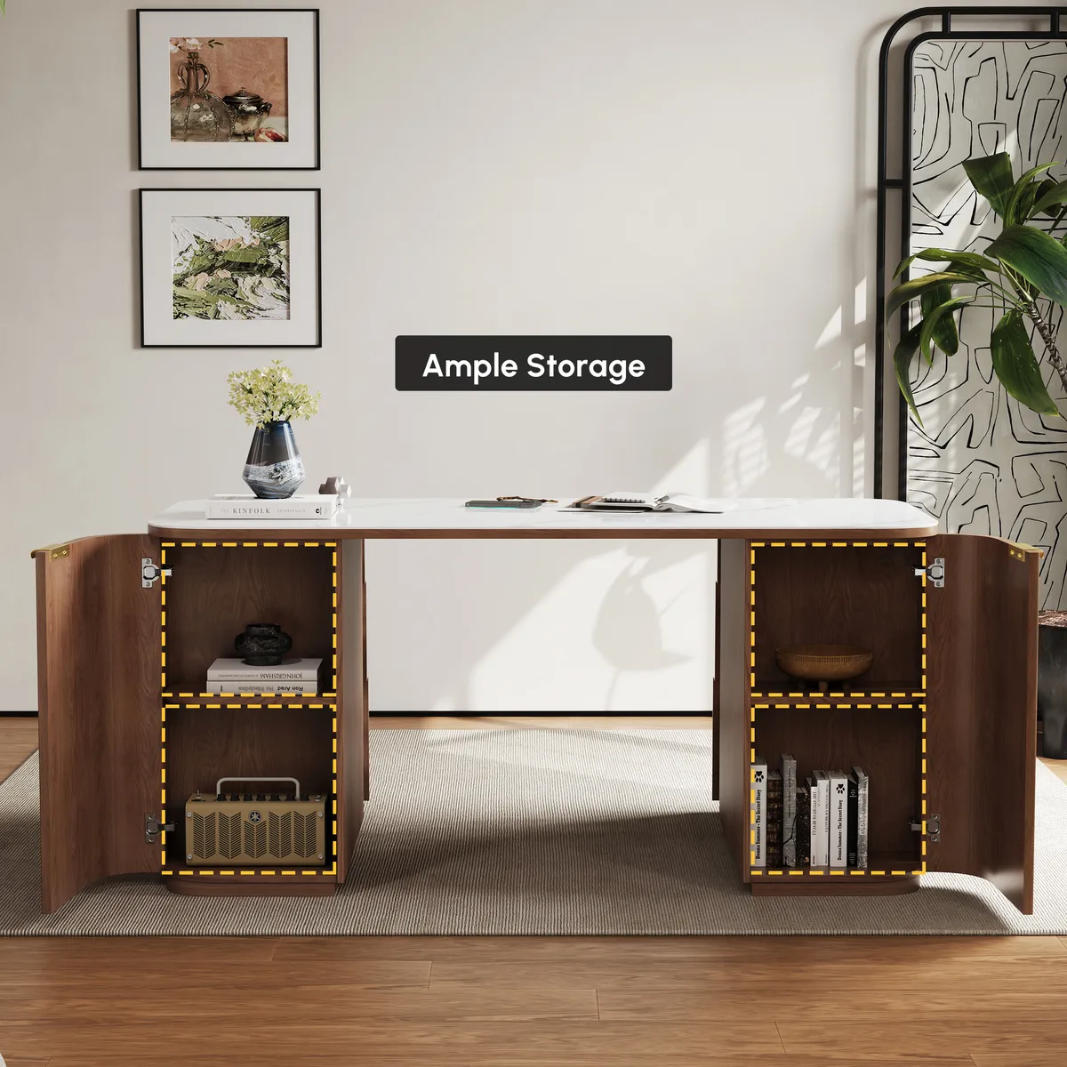 Walnut Ash Wood & Sintered Stone Rectangle Desk with 6 Drawers (63.8") — image 16