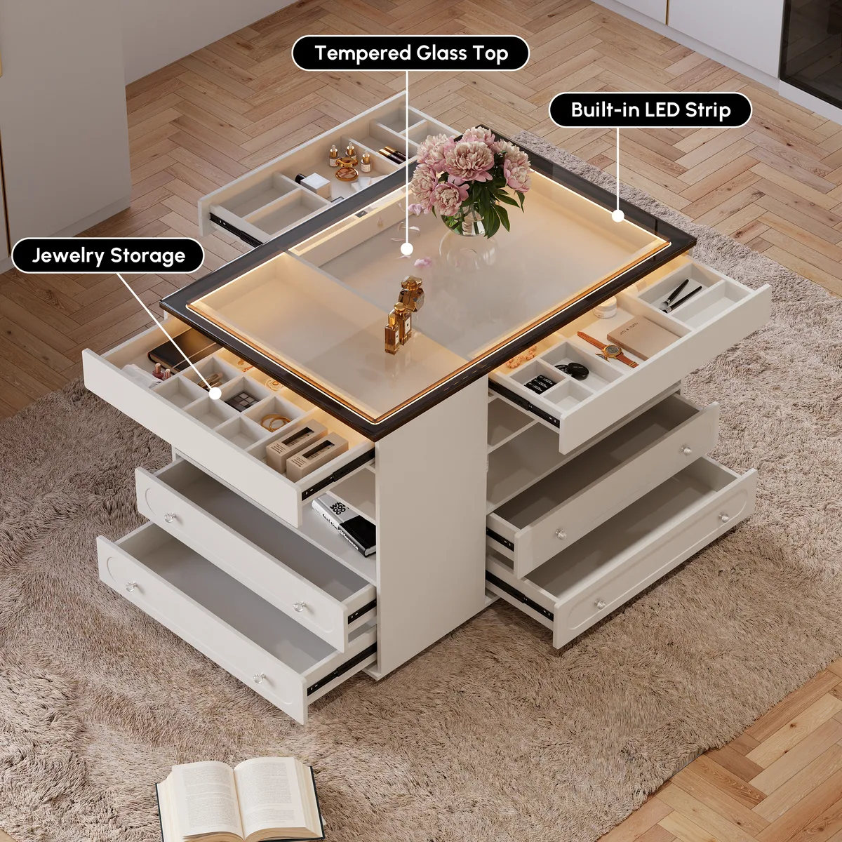 Modern Dresser Width of 47" with Jewelry Storage Walk in Closet Island with LED Light — image 3