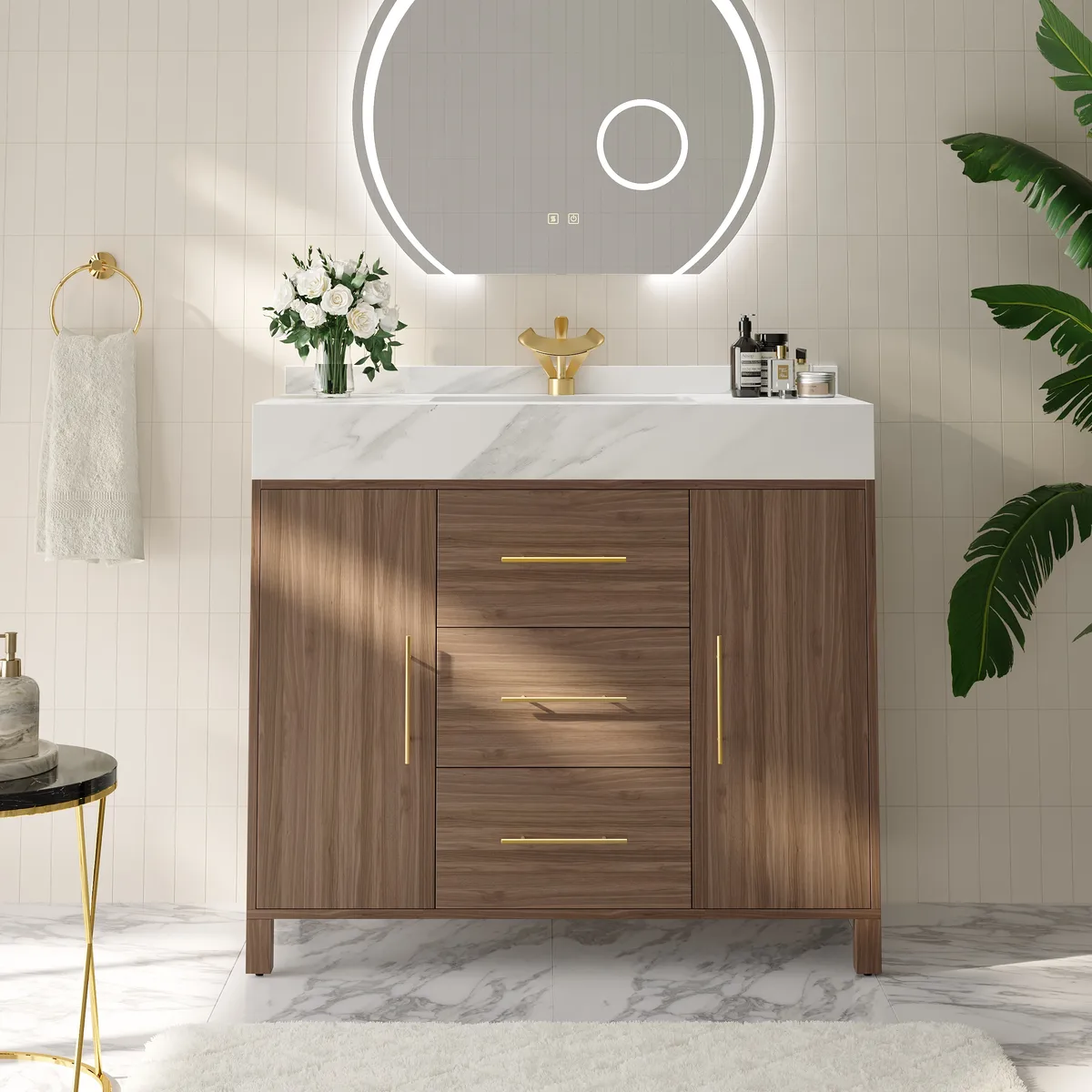 39" Walnut Freestanding Bathroom Vanity Sintered Stone Top & Silver Handles — image 3