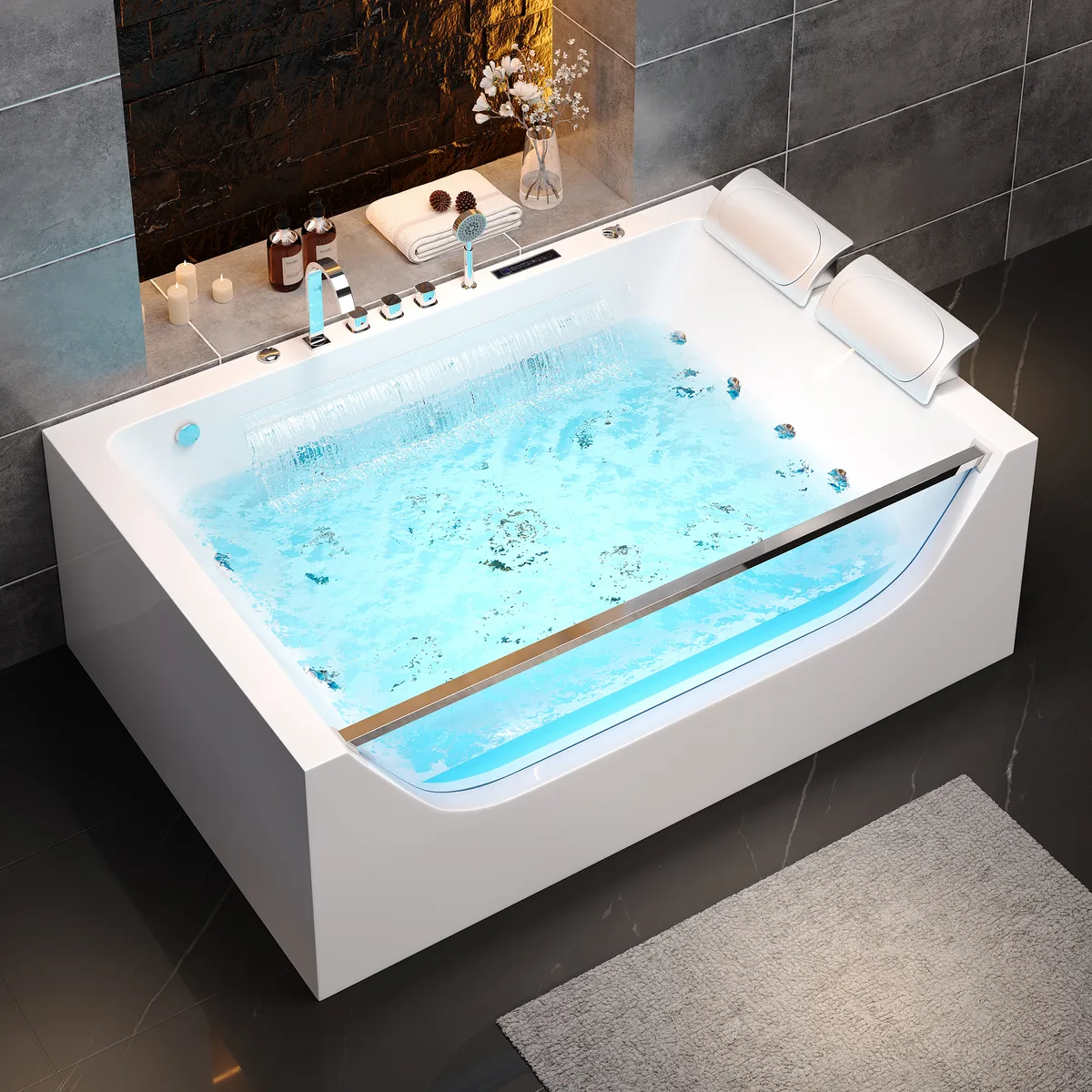 70.8" Rectangle Whirlpool Bathtub Acrylic Jetted Massage Whirlpool Water with Thermostat — image 2