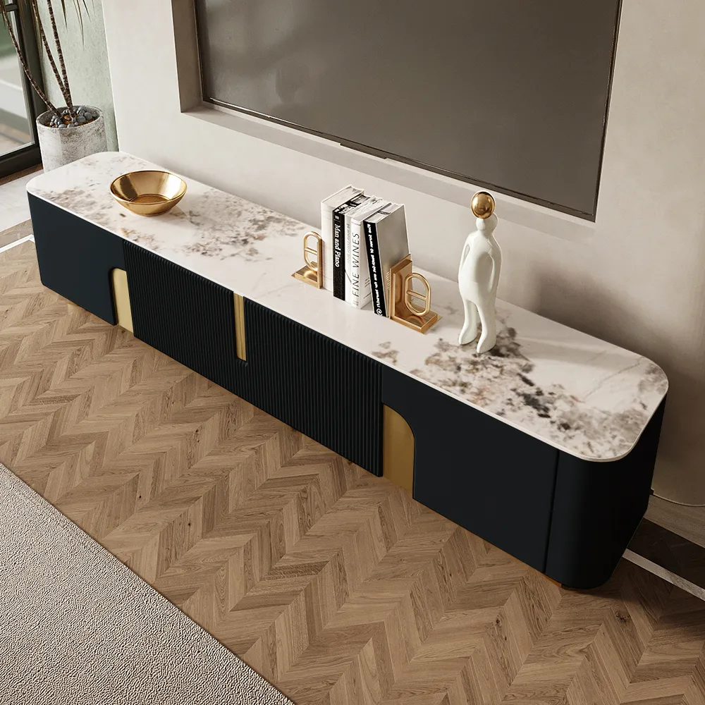78.7" Stone Top Beige & Gold TV Stand with 4 Doors and Storage — image 15