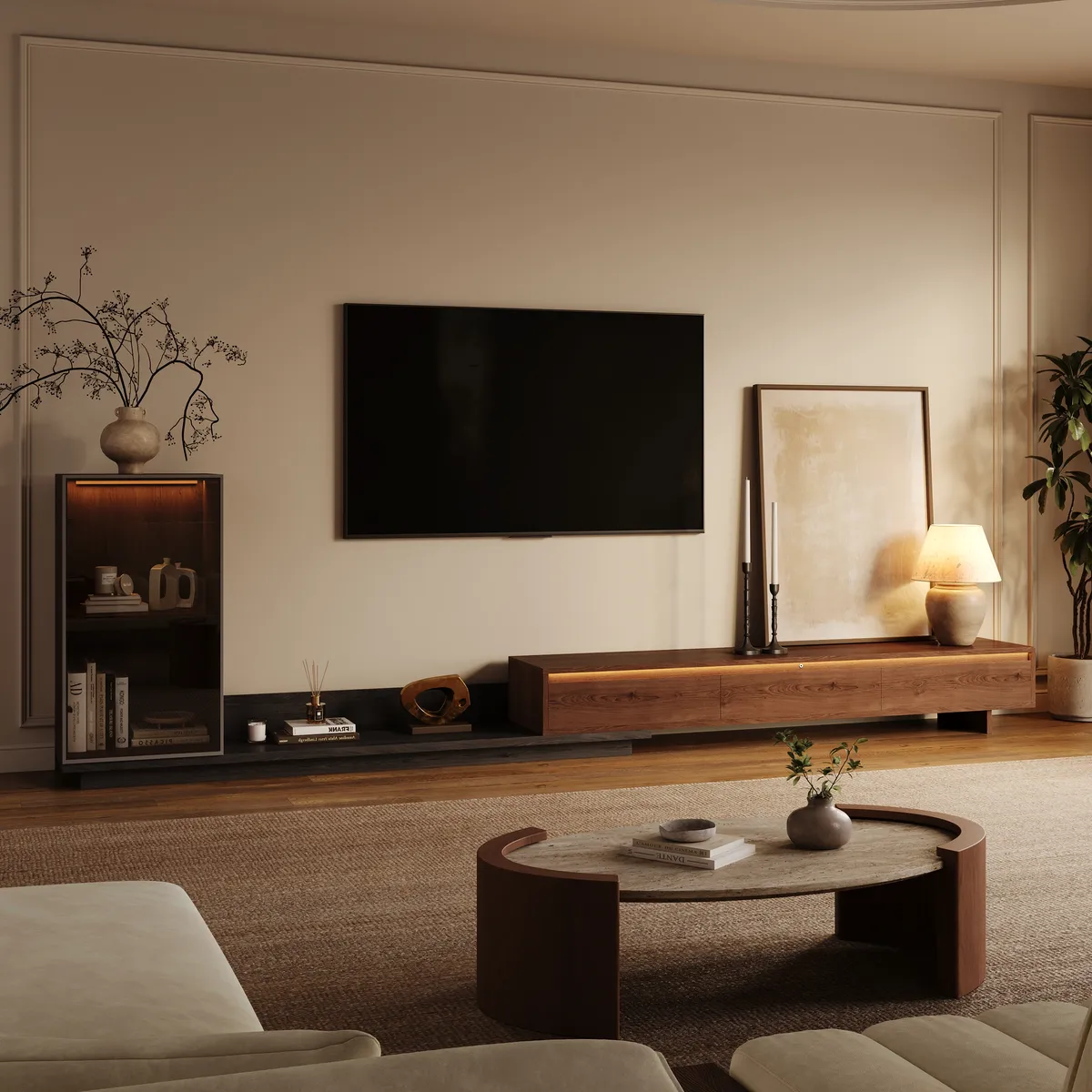 Fero Retracted & Extendable 3 Drawers TV Stand with Bookcase & LED Lighting in Walnut & Gray Up — image 5