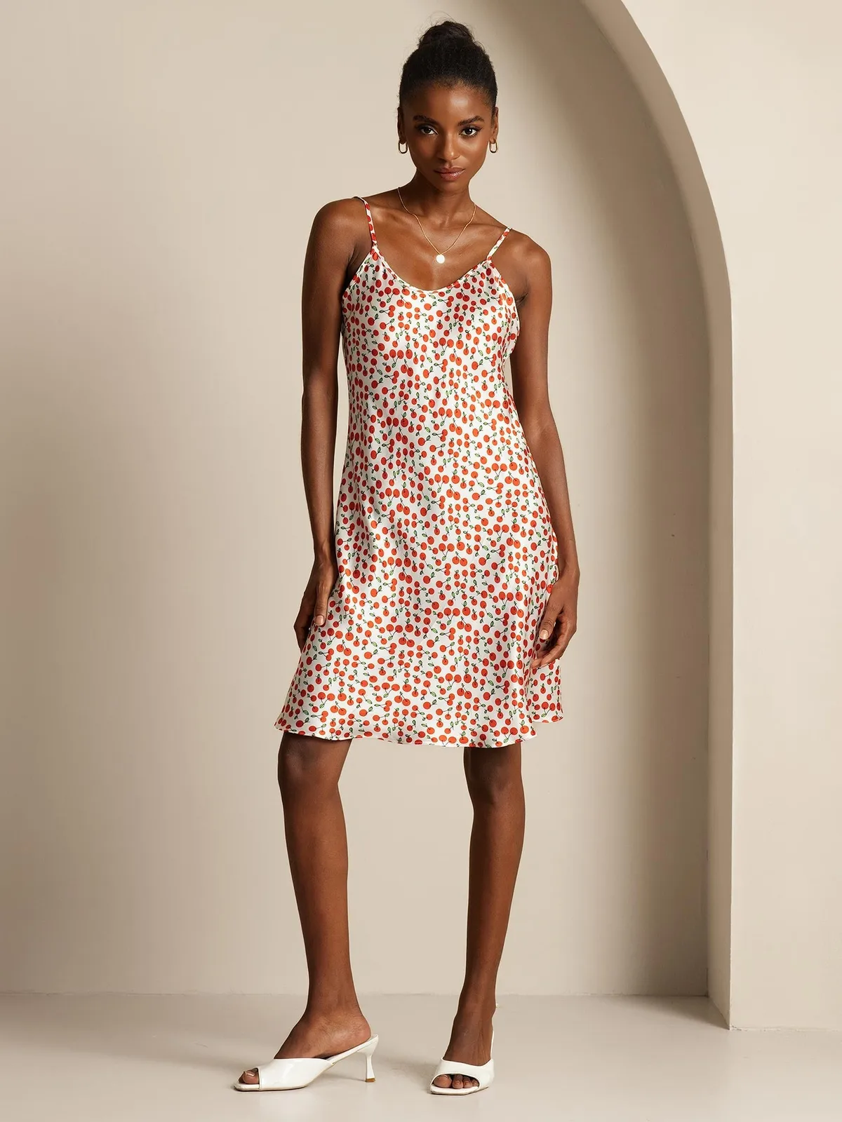 Silk Spaghetti Strap Cherry Print Short Dress