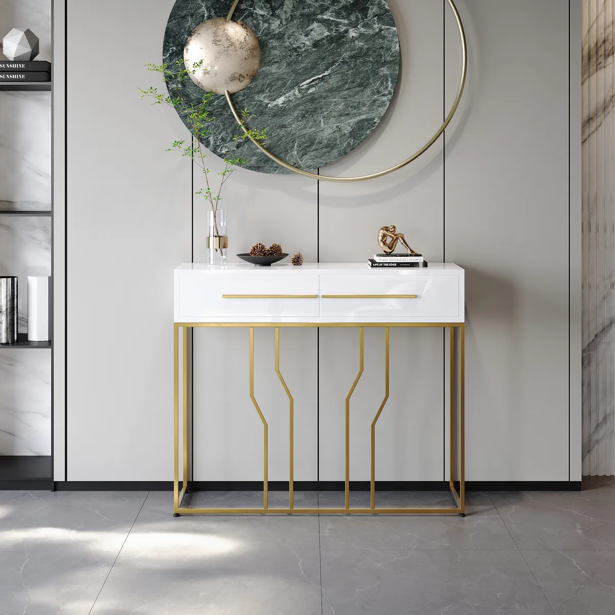 32" Modern Narrow White Console Table with Storage Wood Entryway Table with Drawers — image 9