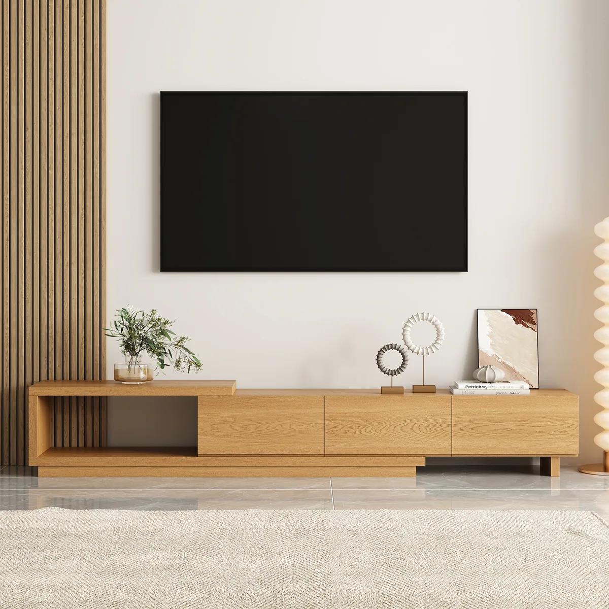 Quoint 100.4" Modern TV Stand Retracted & Extendable 3-Drawer Light Media Console — image 4