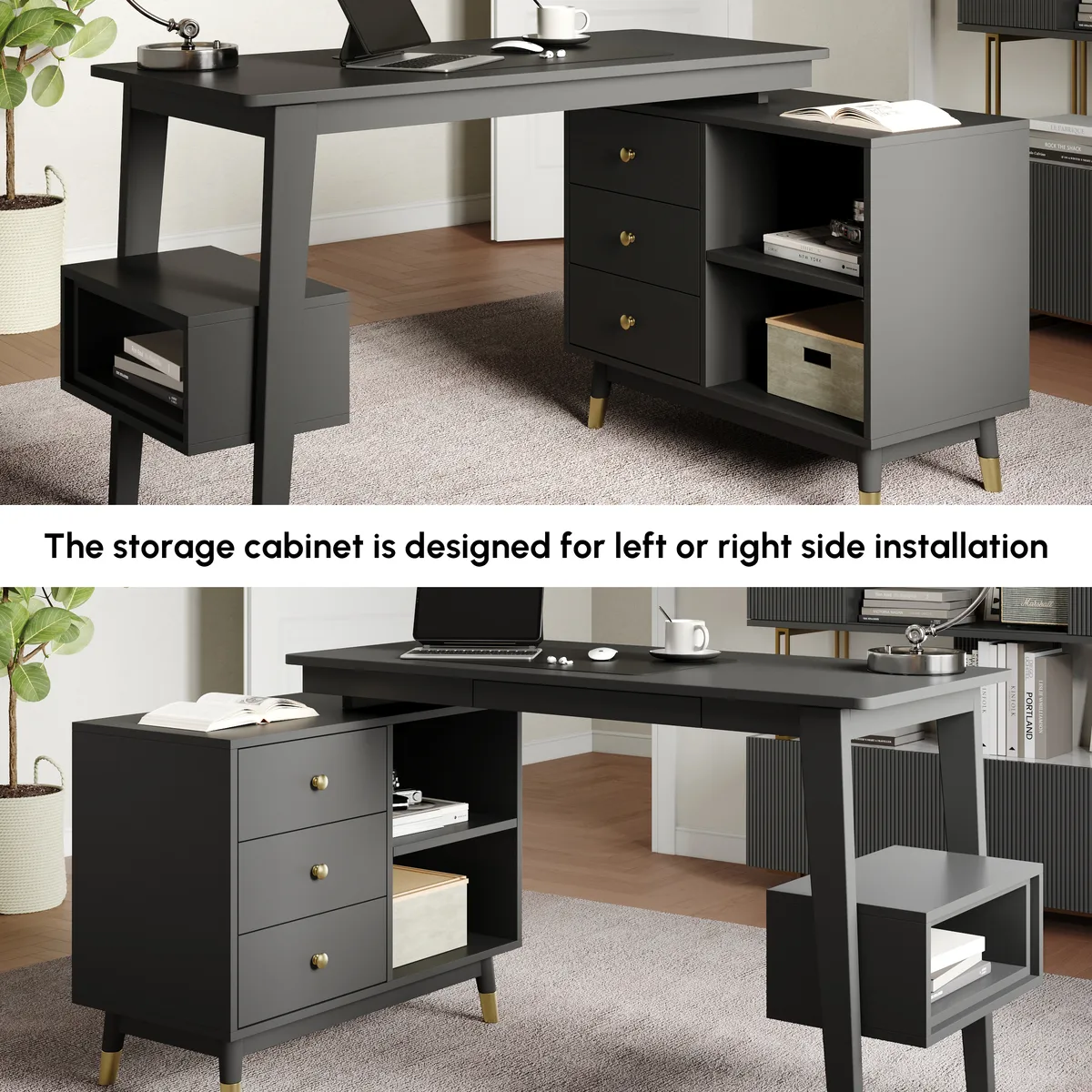 Ultic Gray Reversible L-Shaped Desk & Faux Leather Office Chair Set with Wheels — image 17