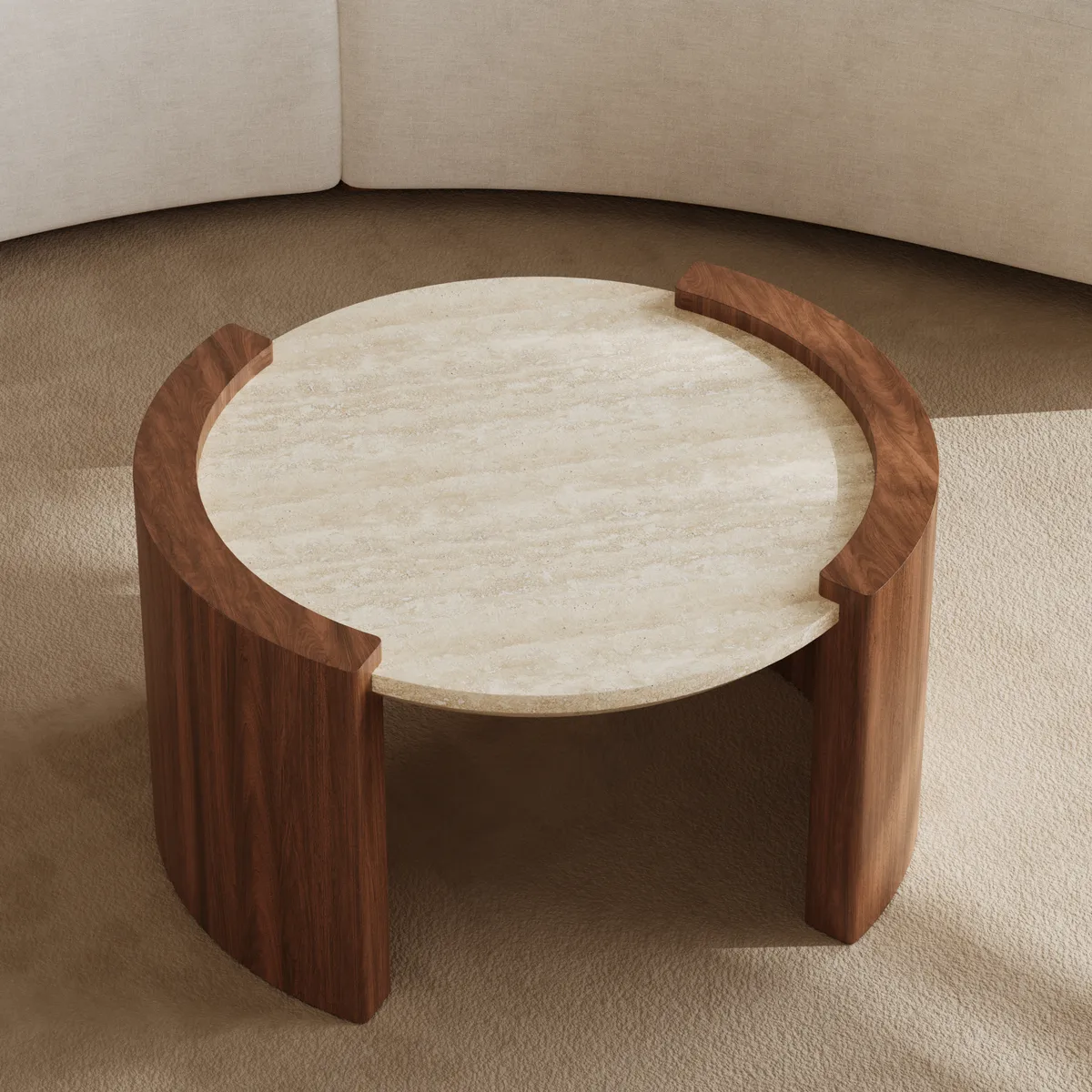 28" Walnut Round Coffee Table with Travertine Top — image 12