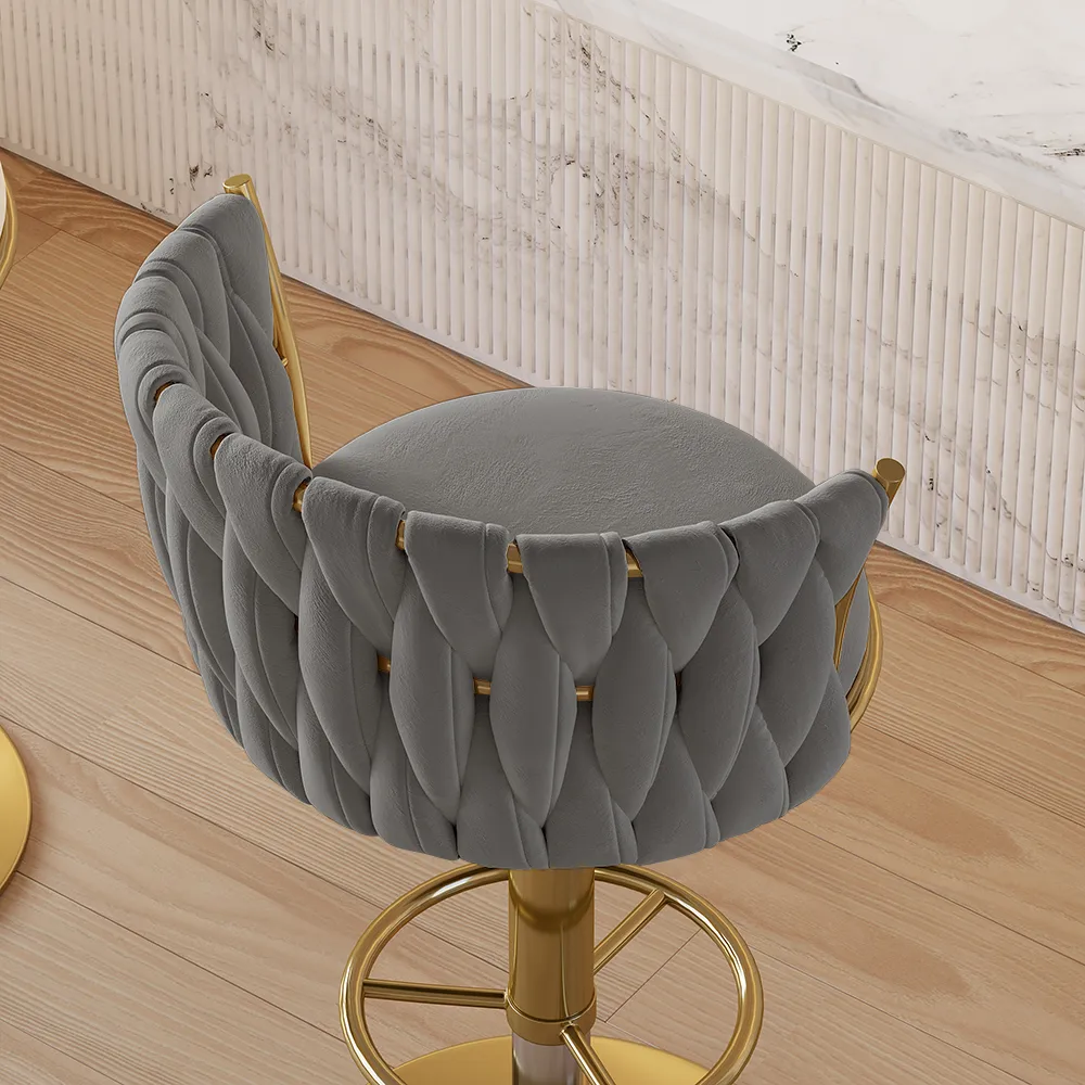 Sweave Set of 2 Gray Swivel Bar Stools Velvet Curved Back Adjustable Height — image 23