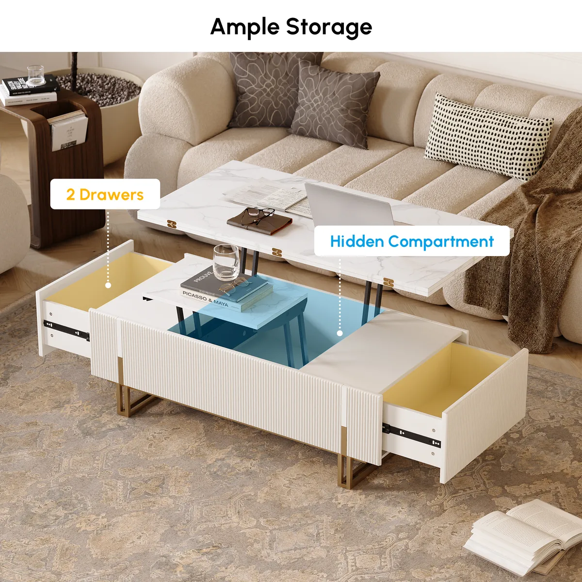 47.2" Fluted Lift-Top Coffee Table with 2 Drawers — image 8
