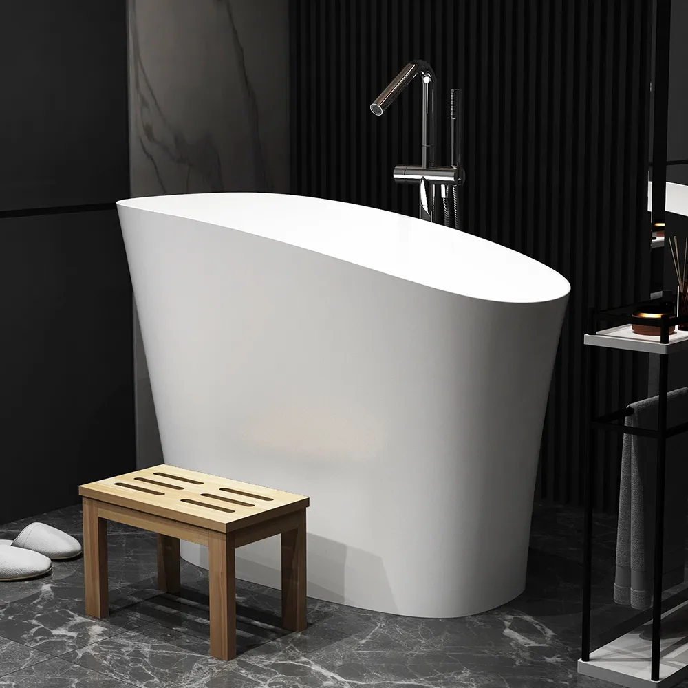 47" Japanese Irregular Freestanding Stone Resin Soaking Bathtub, Marble Look