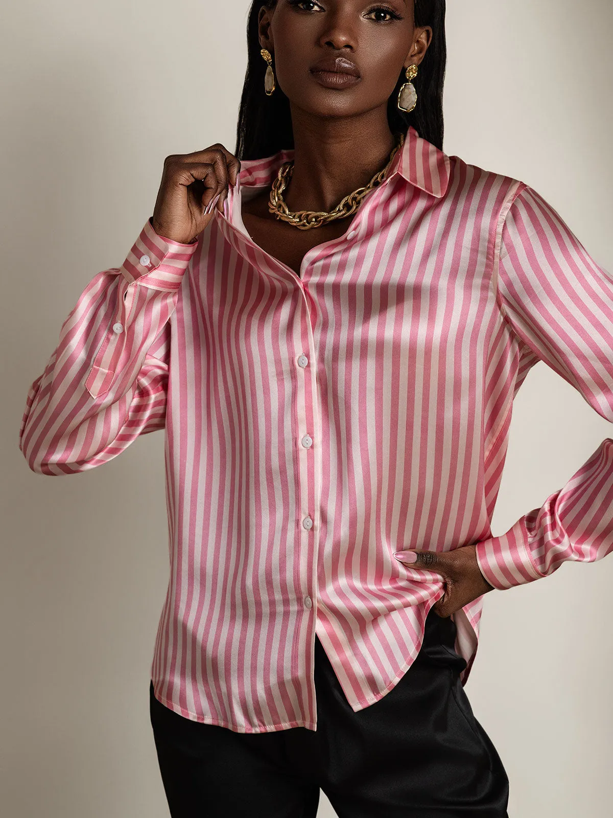 19Momme Silk Stripe Print Long Sleeve Lapel Collar Women's Shirt — image 3