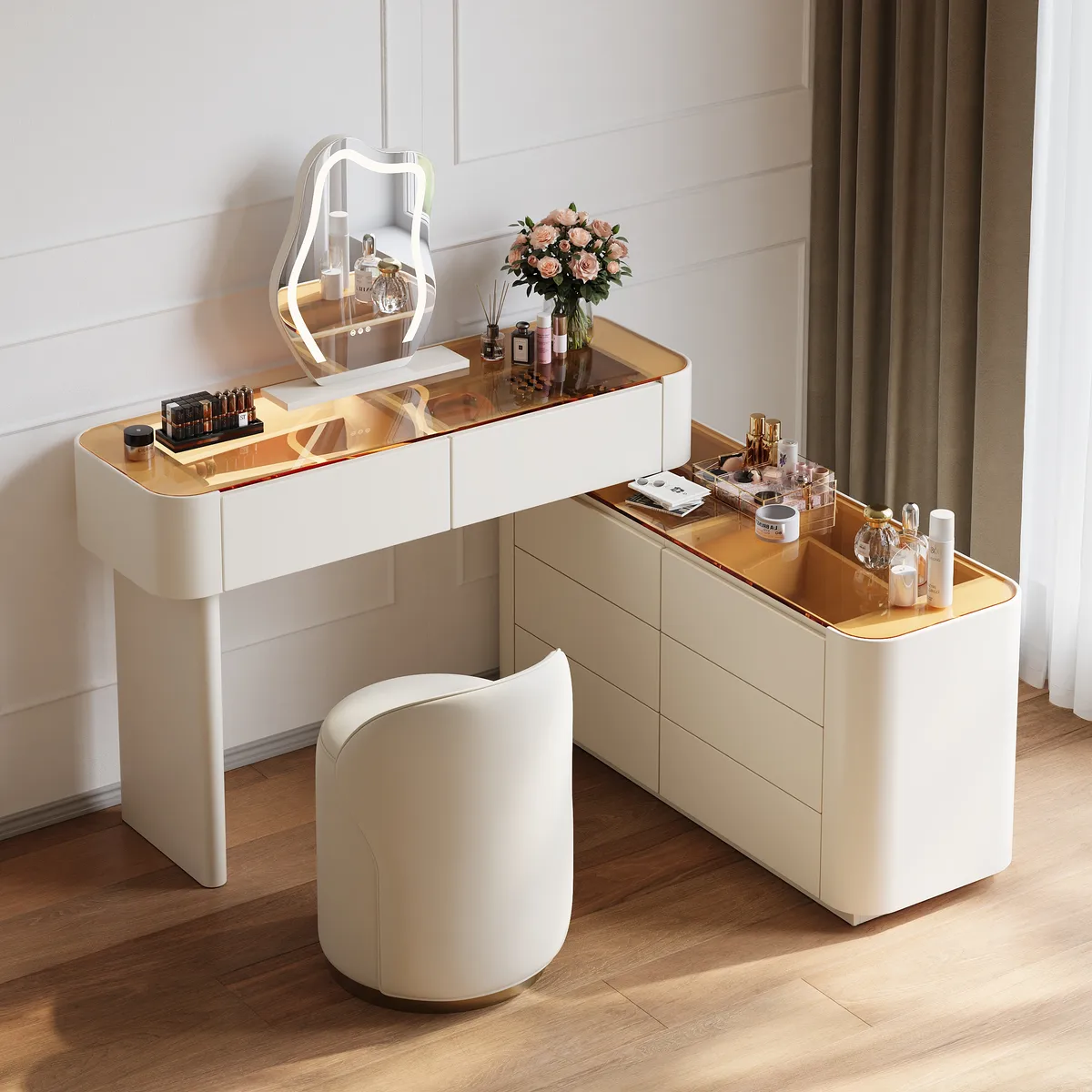 Modern Extendable Makeup Vanity Set Dresser Vanity with Mirror & Light (53"–87") — image 3