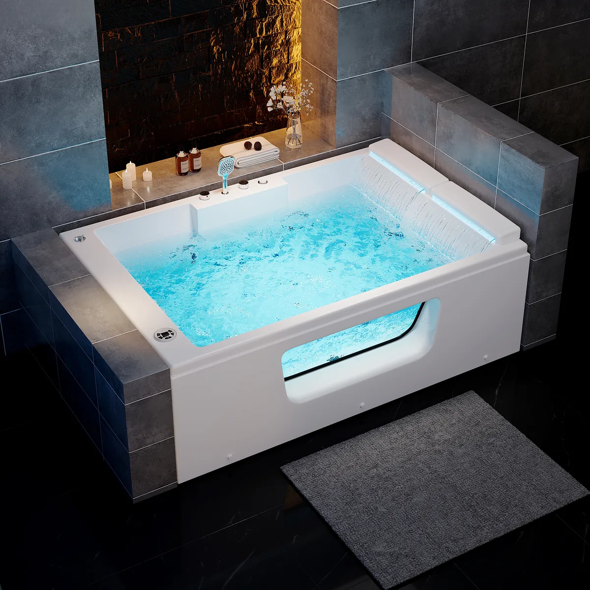 74.4" Acrylic Jetted Whirlpool Bathtub with Thermostat Control & LED-Lit Waterfall Pillow — image 3
