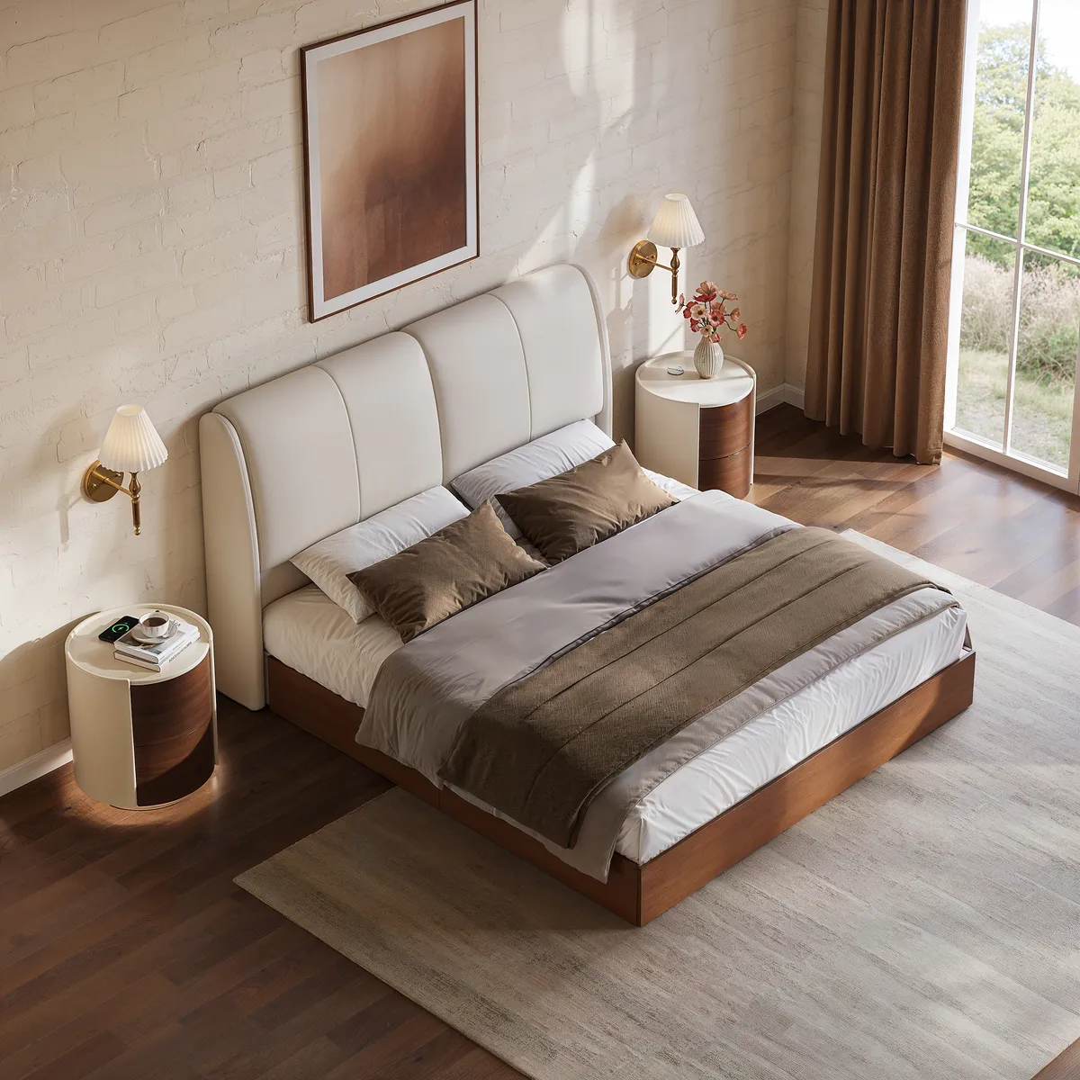 Modern King Genuine Leather Storage Solid Wood Bed with Adjustable Headboard — image 6