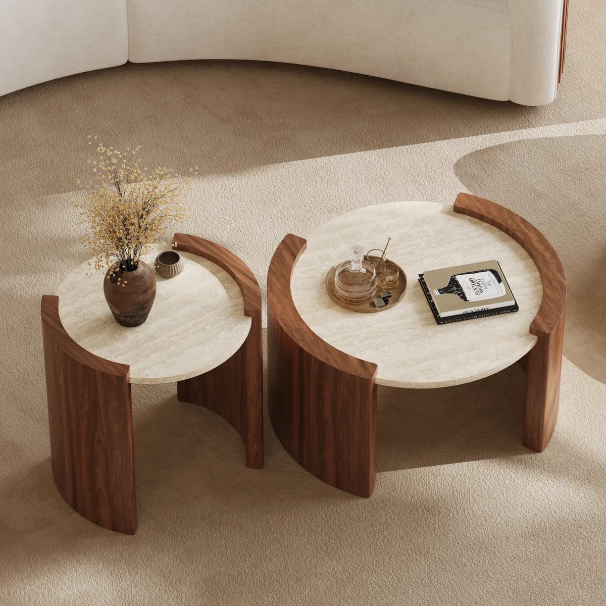 28" Walnut Round Coffee Table with Travertine Top — image 3