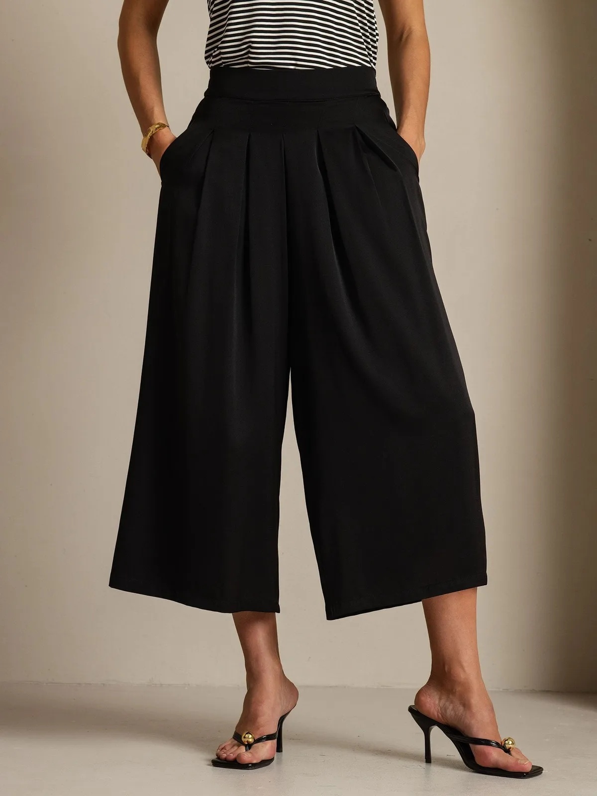 19Momme Silk Women's High Waist Pleated Wide Leg Capri Pants — image 3