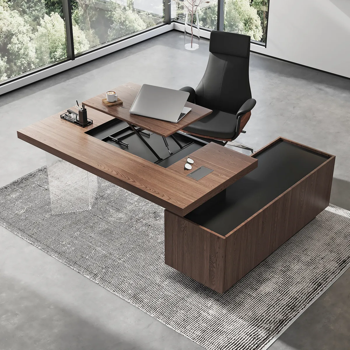 Set Modern Black L-Shape Standing Desk & Leather Office Desk Chair Set Khaki (71.5") — image 12