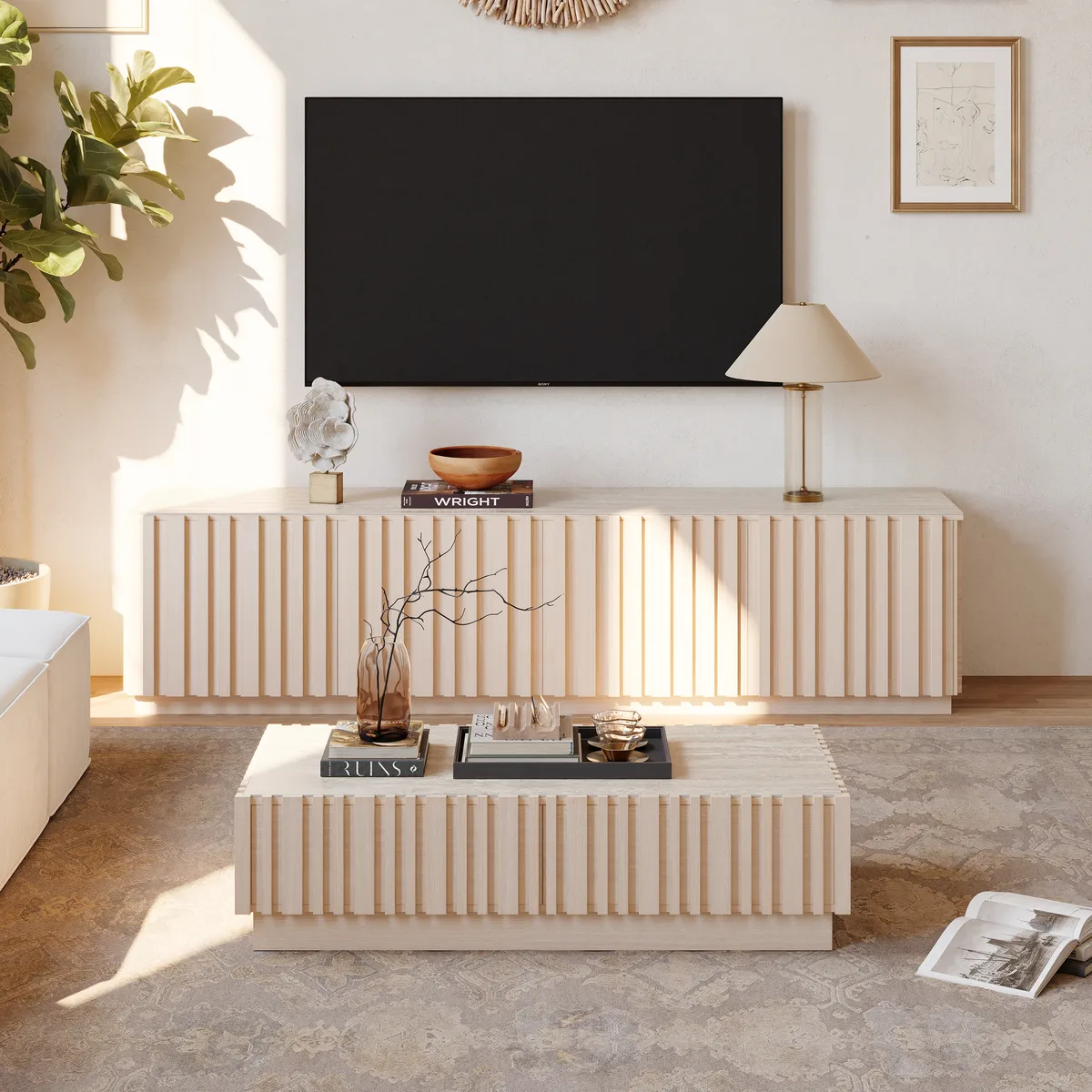 Aura 47" Ash Wood Slatted Coffee Table with Sintered Stone Top — image 5