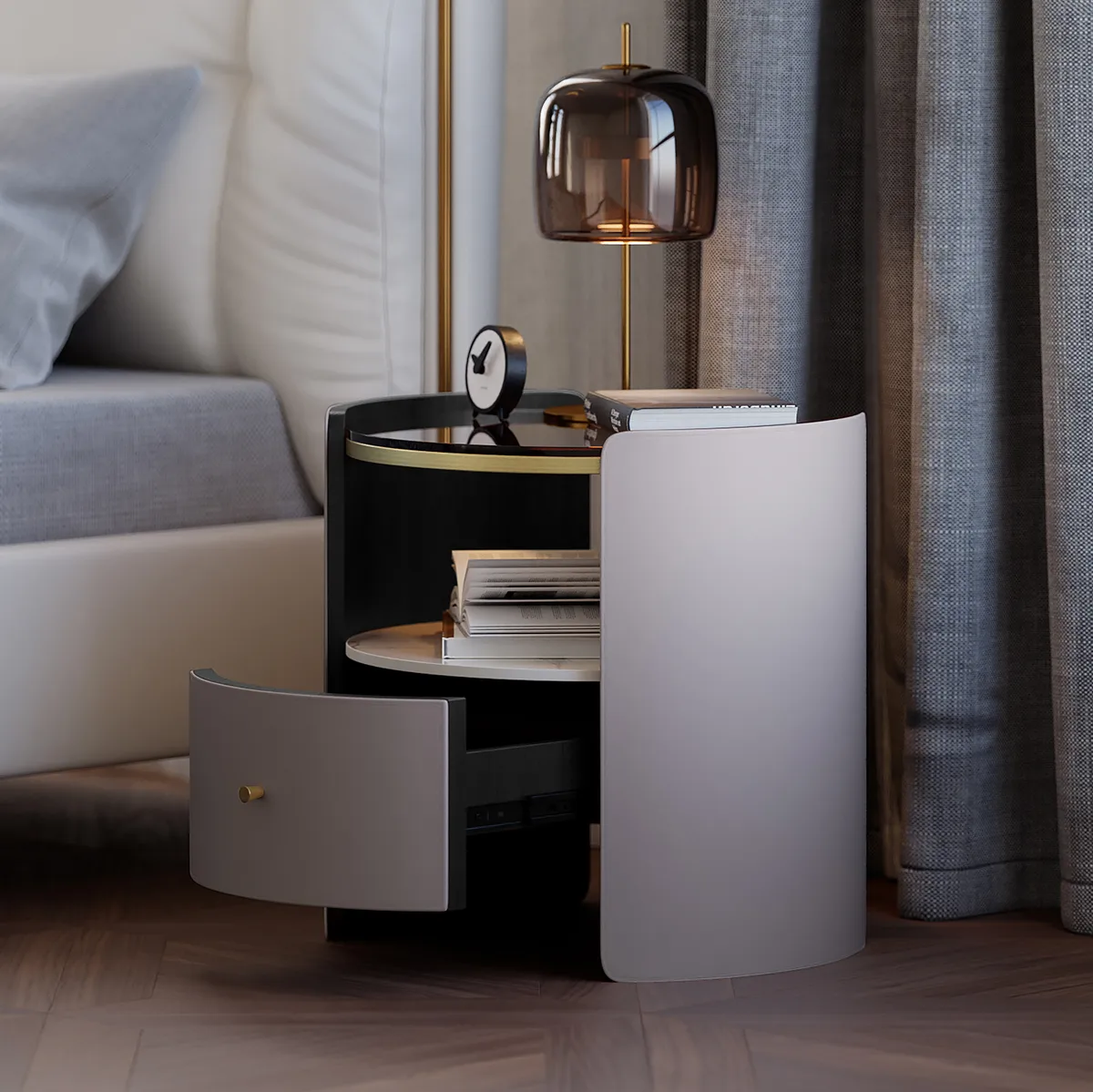 Modern Round Gray Leather Nightstand with Glass Top & Sintered Stone Bedside — image 5