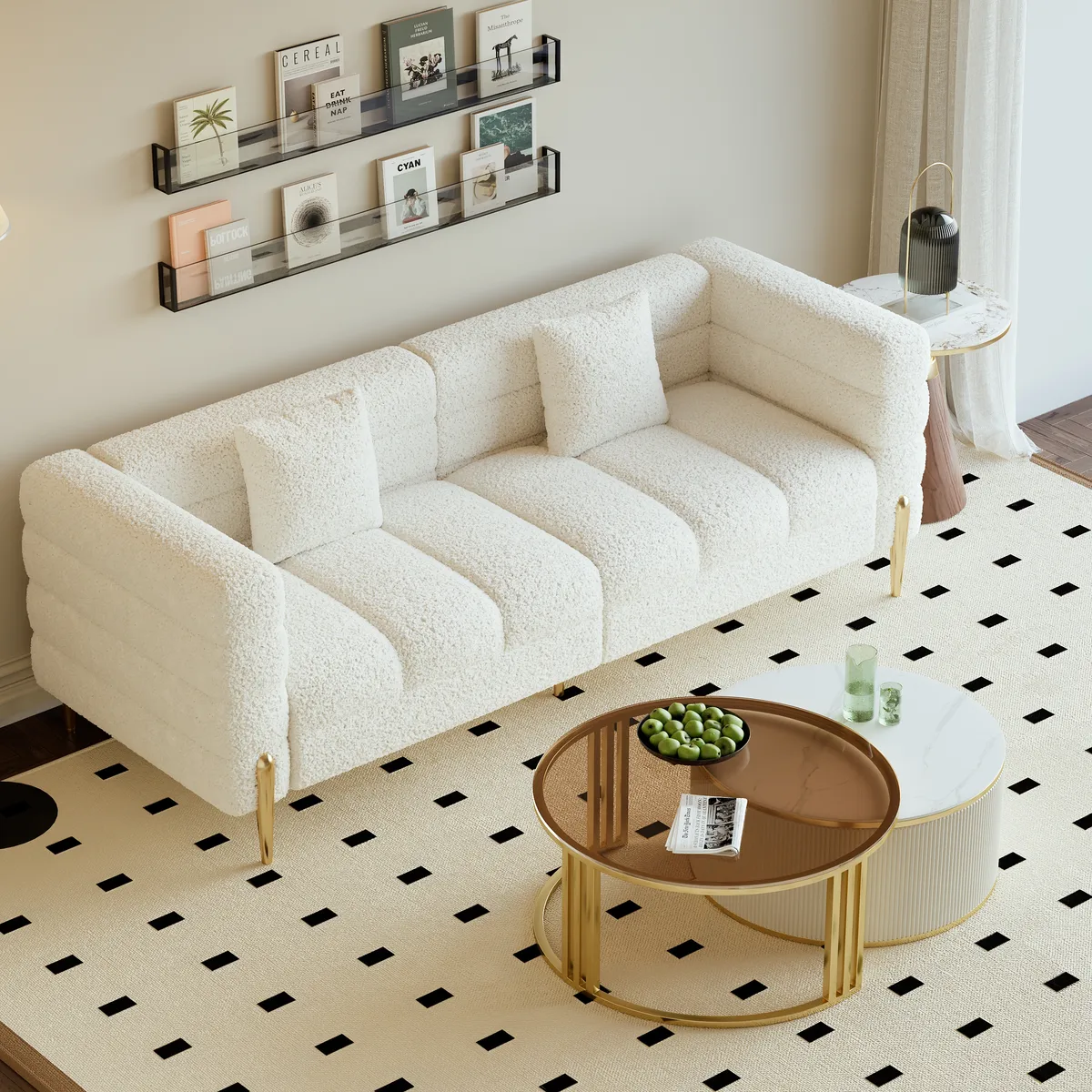 Round 2-Piece Nesting Set Sintered Stone Top Beige Coffee Table with Drawer 78.7" Modern White Boucle Upholstered Fluted 3-Seater Sofa — image 4