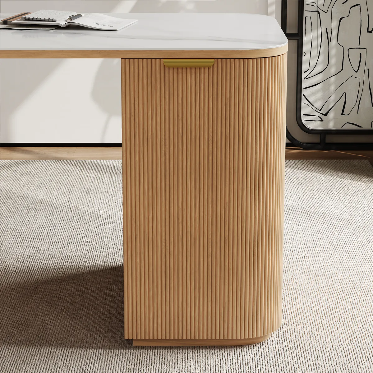 Walnut Ash Wood & Sintered Stone Rectangle Desk with 6 Drawers (63.8") — image 8