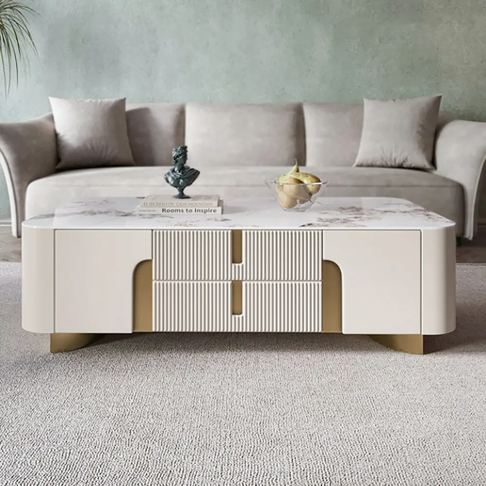 Artis Modern Beige Rectangle Large Coffee Table Drawers Sintered Stone Gold Base — image 6