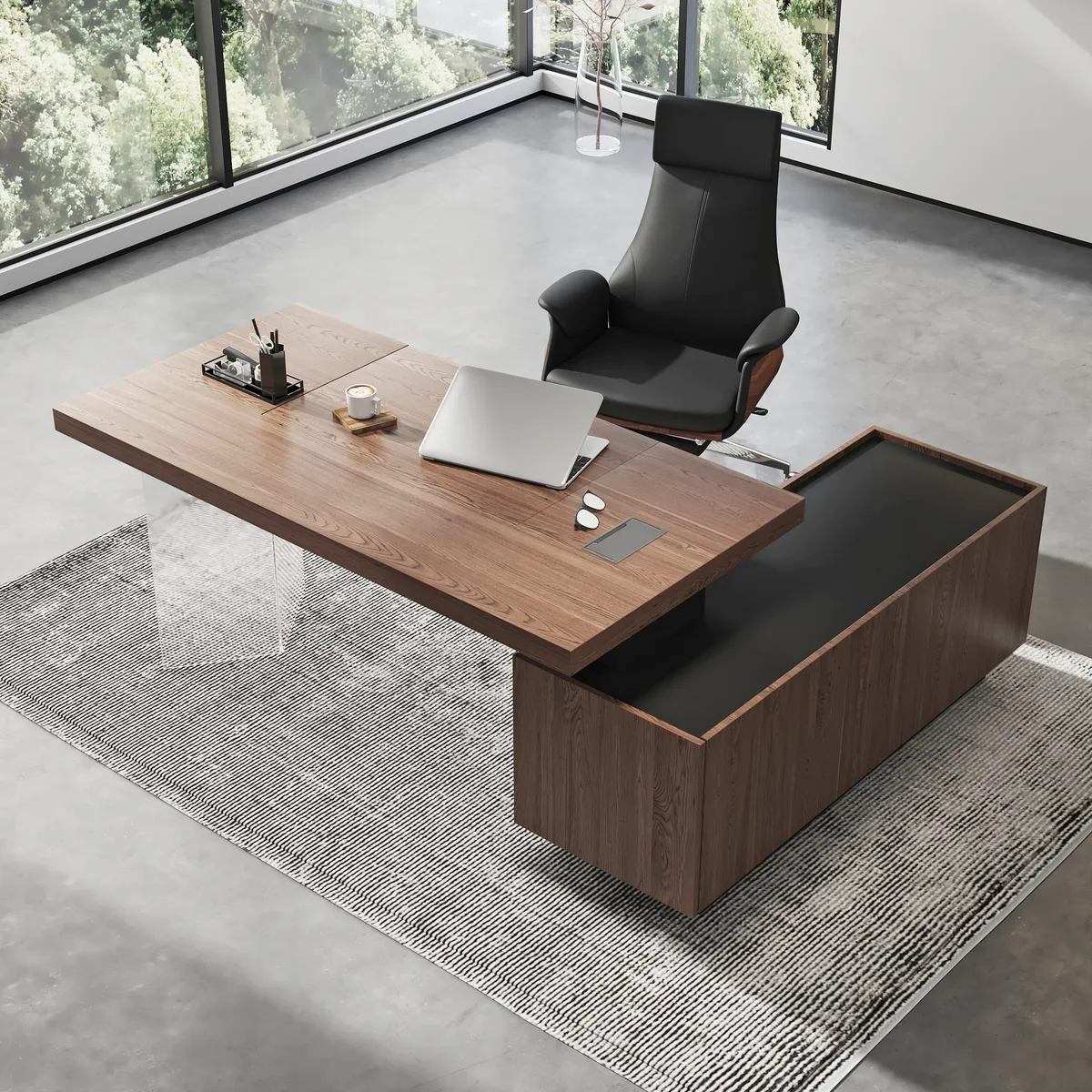 Set Modern Black L-Shape Standing Desk & Leather Office Desk Chair Set Khaki (71.5")