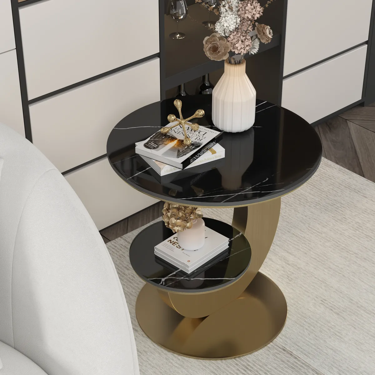 Round Faux Marble 2 Tier End Table Modern White & Gold Side Table — image 2