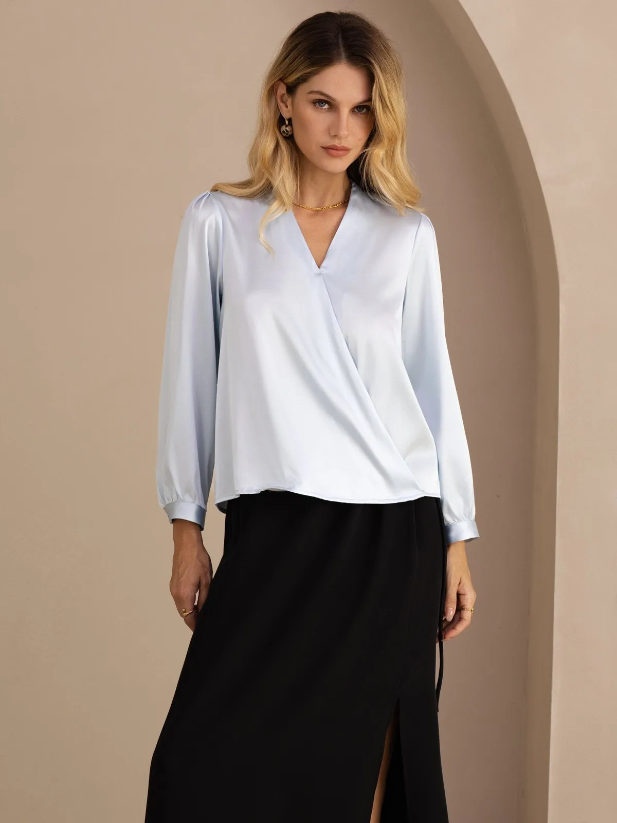 19Momme Silk Women’s Wrap Neck Long Sleeve Blouse