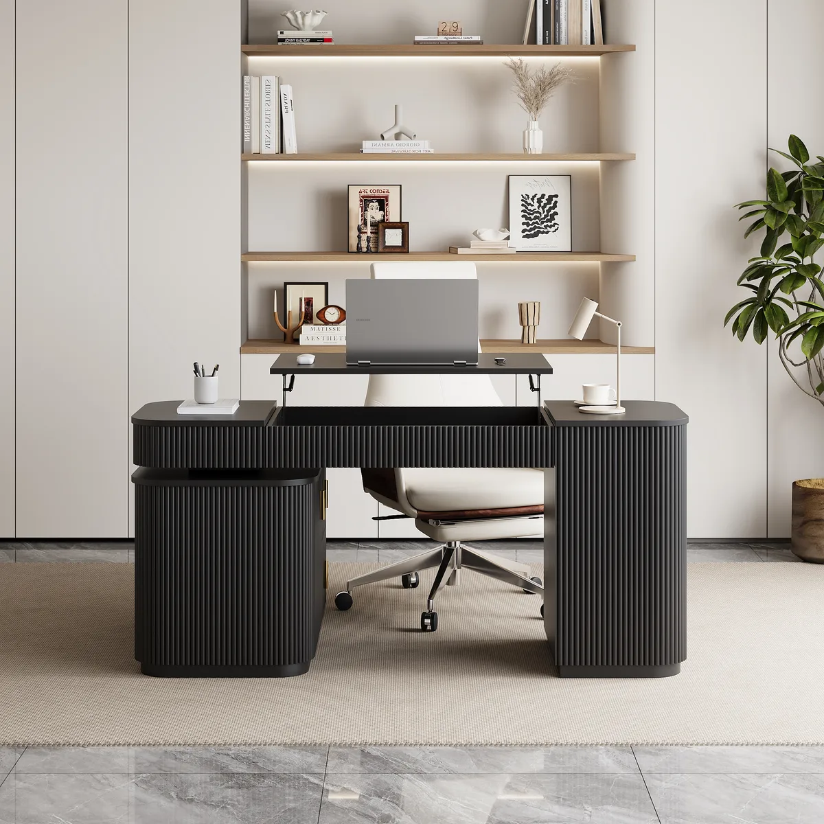 Modern 65" L-Shape Natural Executive Desk with Right-Side Cabinet — image 2