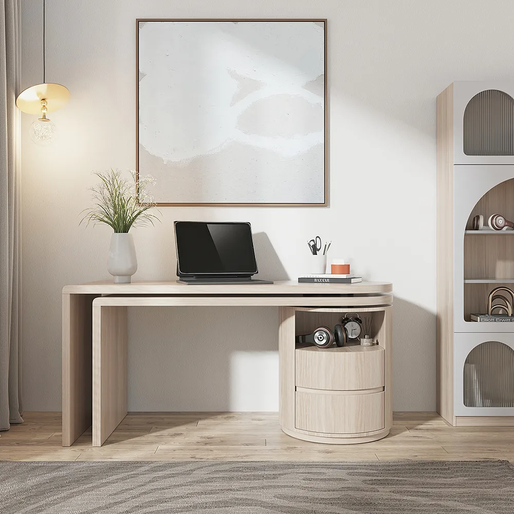 Modern Wash White L Shaped Desk & Off White Home Office Chair Set Upholstered Swivel — image 25