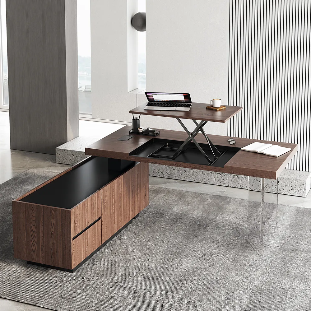 Set Modern Black L-Shape Standing Desk & Leather Office Desk Chair Set Khaki (71.5") — image 13