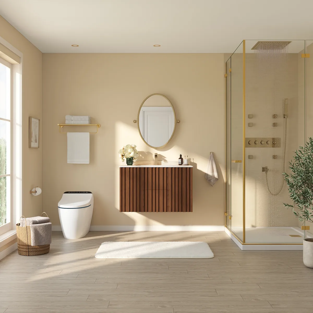 Aura 36" Bathroom Vanity with Light Ash Wood Slatted Panels Faux Travertine Top — image 4