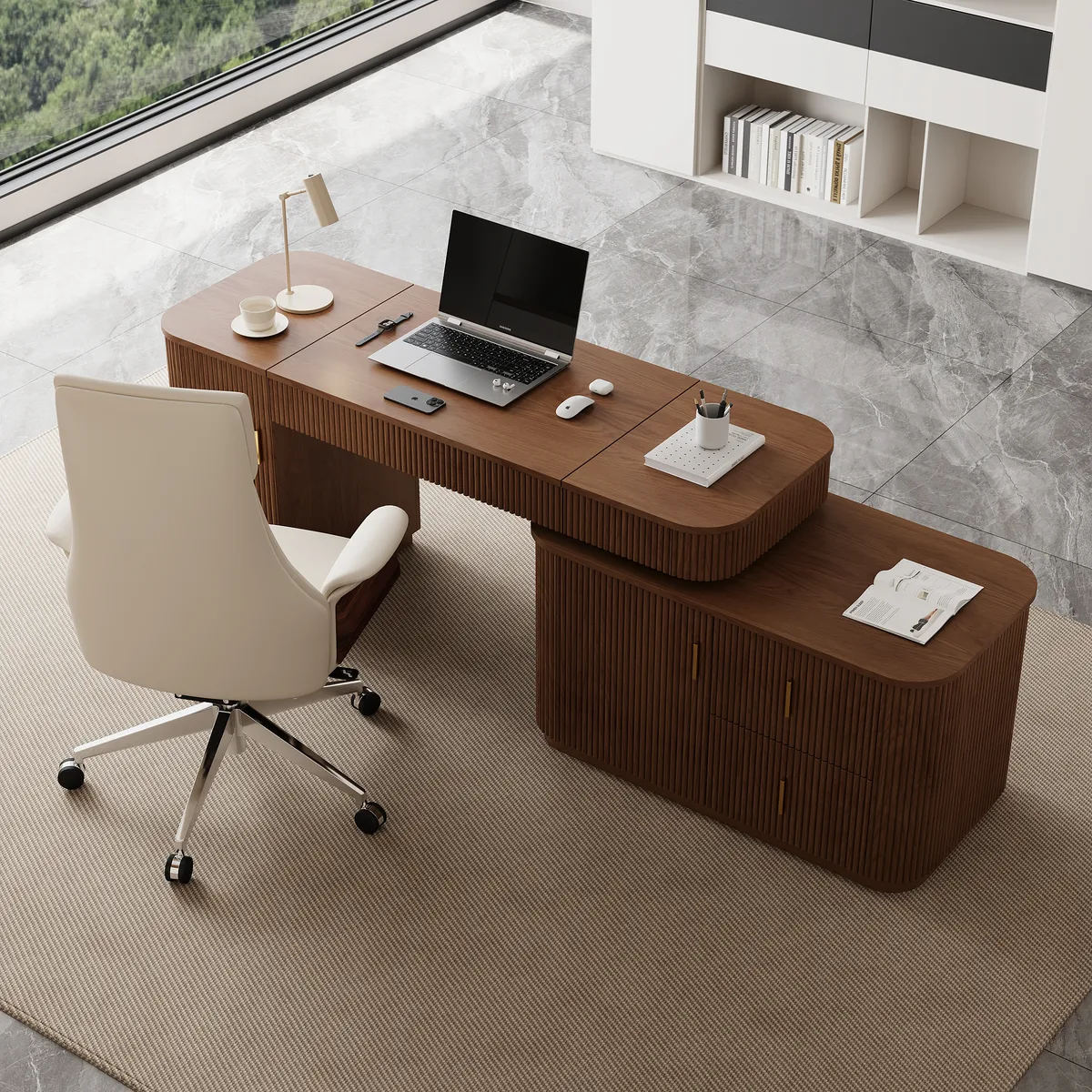 Modern 65" L-Shape Natural Executive Desk with Right-Side Cabinet — image 29